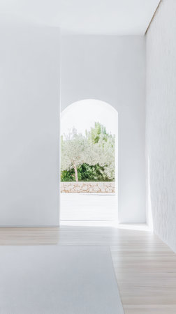 A bright, minimalistic interior features an arched doorway leading to a sunny outdoor area filled with lush olive trees and greenery. The floor is light and simple.の素材