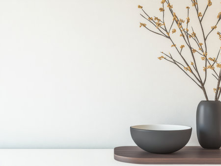 A simple decorative setup features a black bowl and a dark vase containing bare branches, all displayed on a sleek wooden surface. The scene highlights minimalist aesthetics.の素材