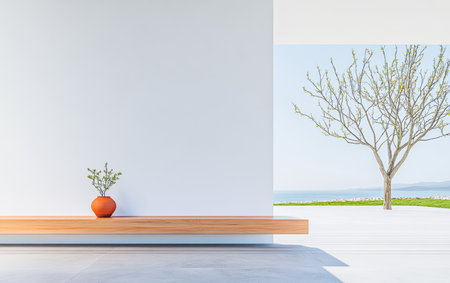 A simple indoor area features a clay vase with green plants on a wooden shelf, alongside a large window revealing a tree and open sky, creating a serene atmosphere.の素材