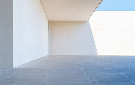 A spacious area showcases minimalist architecture with stark white walls and a smooth concrete floor. Bright sunlight creates captivating shadows on the surface.の素材