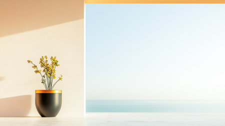 Bright natural light streams through an open window, illuminating a stylish vase with yellow flowers. The scene captures a peaceful moment by the ocean at sunset.の素材