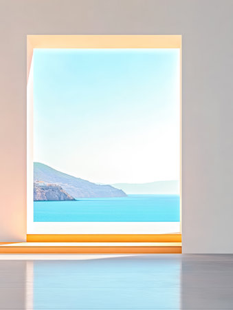 A modern window frames a stunning view of the blue sea and distant hills. The scene captures a peaceful atmosphere enhanced by bright daylight.の素材