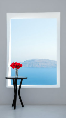 A minimalist interior features a sleek black table holding a vase of red flowers. Through a large window, a calm blue sea and distant island create a serene atmosphere.の素材