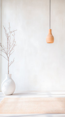 A minimalist scene features a white vase with branches and a warm-colored pendant light, highlighting the tranquility of the modern indoor space.の素材