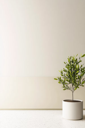 A small, leafy plant sits in a modern white pot on a textured floor. This scene showcases minimalist design with a light wall that creates a calm atmosphere.の素材