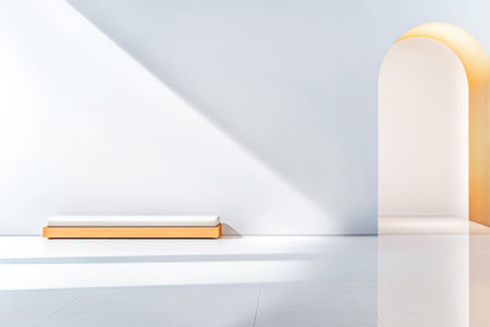 Bright and spacious interior features a minimalist design with a light-colored bench against a wall and an elegantly shaped arch in the background, creating a serene atmosphere.の素材