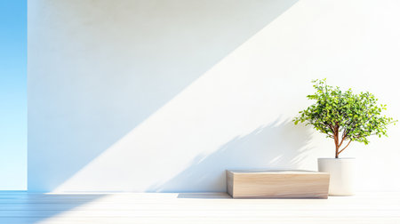 A clean and minimalistic indoor area features a simple wooden box and a vibrant green potted plant. The bright blue sky shines in from the open space, creating a serene atmosphere.の素材