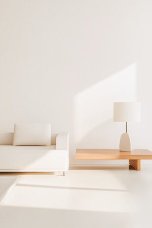 A stylish living room showcases a sleek white sofa and a simple wooden table with a lamp. Soft natural light pours in, highlighting the clean lines and modern decor.の素材