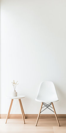 A modern white chair with wooden legs stands beside a small round table in a minimally decorated space. A vase with delicate flowers adds subtle charm to the room.の素材
