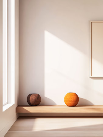 Warm sunlight streams through a large window, illuminating two wooden vases on a simple wooden shelf against a light-colored wall, creating a serene atmosphere.の素材