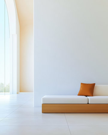A minimalist interior showcases a sleek white sofa with a vibrant orange pillow. Natural light floods the area through large windows, creating a calm atmosphere.の素材