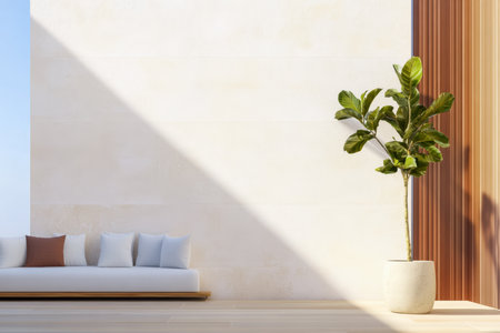 A stylish living area features a crisp white wall and a soft sofa with cushions. A lush plant in a pot adds a touch of nature, illuminated by natural sunlight.の素材