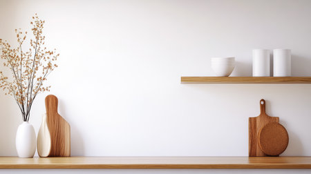 A wooden shelf displays minimalist decor featuring a vase with dried flowers, ceramic bowls, and cutting boards, creating a warm kitchen atmosphere.の素材
