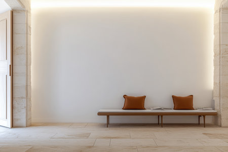 A bright, minimalist room features smooth stone walls and a wooden bench with orange cushions. Natural light enhances the calm atmosphere, creating a relaxing environment.の素材