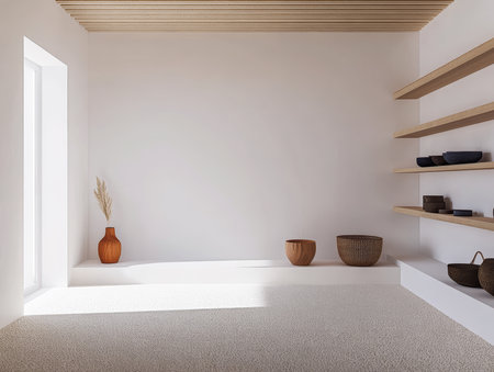 A bright room features simple furniture, including wooden shelves, woven baskets, and a ceramic vase. Sunlight creates a warm atmosphere, enhancing the minimalist style.の素材