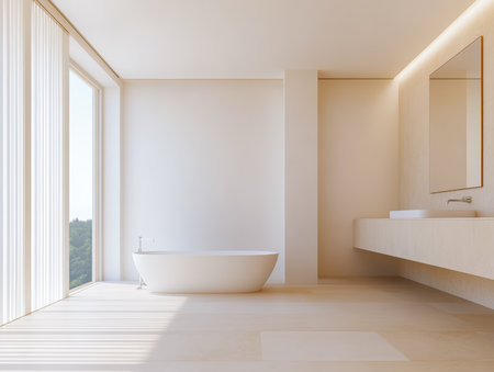 A bright and airy bathroom featuring a freestanding bathtub, sleek vanity, and large windows allowing for ample natural light. The minimalist decor creates a serene atmosphere.の素材