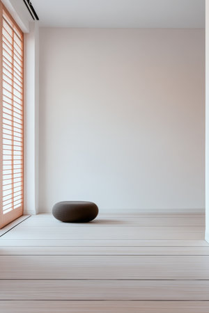 A bright, minimalist room features wooden flooring and a soft round cushion. Sunlight streams through the slatted window, creating an inviting atmosphere.の素材