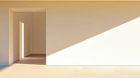 Bright natural light streams through a doorway, illuminating smooth, minimalist walls in a contemporary interior setting, creating a serene atmosphere.の素材