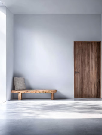 Bright hallway features soft natural light streaming in through a large window. A simple wooden bench and a cozy cushion create a peaceful atmosphere, enhancing the minimalist design.の素材