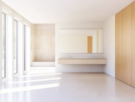 Spacious bathroom showcasing a modern design with wooden accents, large windows allowing natural light, and a sleek double sink vanity for a clean look.の素材
