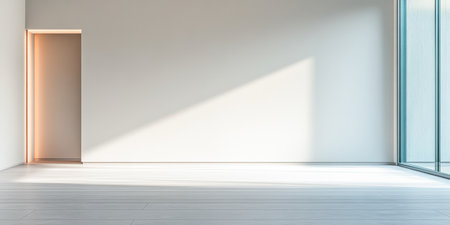 A spacious room features a large glass wall and an open doorway. Soft light enters, highlighting the minimalist design. The clean lines create a calm atmosphere.の素材