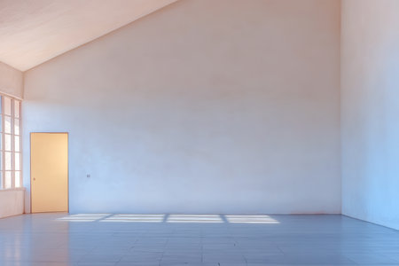 A spacious interior features white walls and large windows allowing natural light to fill the area. Simplistic design creates a calm atmosphere, perfect for various uses.の素材