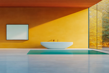 A sleek and modern bathroom features a stylish tub and a small pool. Bright yellow walls reflect warm autumn sunlight, creating a cozy and inviting atmosphere.の素材