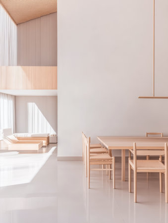 This bright dining area showcases minimalist design with pale wooden furniture and large windows allowing natural light to create a warm and inviting atmosphere.の素材