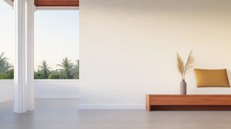 A spacious and bright room features a wooden bench and a vase with dried grass. Palm trees can be seen through the open window, enhancing the calm atmosphere.の素材