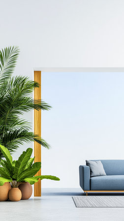 This spacious living room features a blue couch positioned next to decorative potted plants. A large window allows natural light to brighten the area.の素材