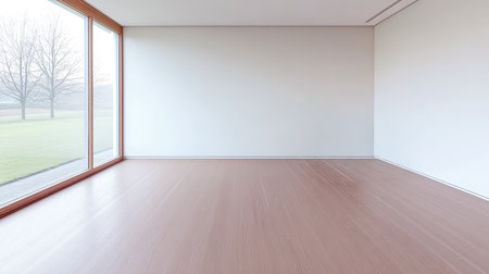 A spacious, empty room features large windows that let in bright morning light. The clean, minimal design highlights smooth wooden flooring and a tranquil view of the outdoors.の素材