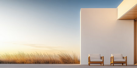 Two comfortable chairs sit next to the wall of a modern building, overlooking tall grass under a colorful sunset. The peaceful scene creates a relaxing atmosphere.の素材
