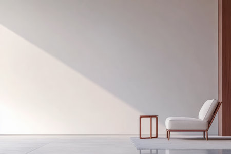 A serene living room showcases a simple white chair and small table against a light wall, with warm sunlight creating a calming atmosphere in the space.の素材