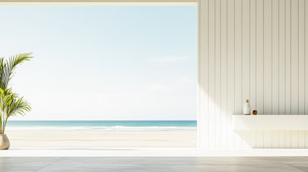 Sunlight floods a simple, modern space with a breathtaking view of the ocean. A tropical plant adds a touch of nature, enhancing the serene atmosphere.の素材