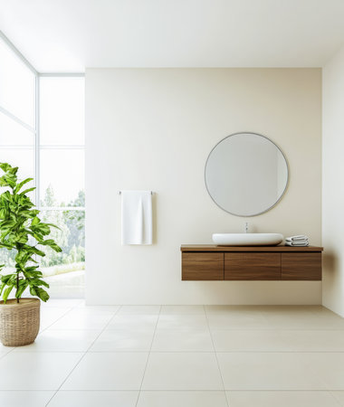 A stylish bathroom showcases a wooden vanity with a round mirror above. A large plant sits in the corner, and natural light floods the room through expansive windows.の素材