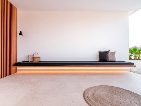 This cozy seating area features a sleek black bench illuminated by soft light. Simple design elements create a calming atmosphere, perfect for relaxation or reading.の素材