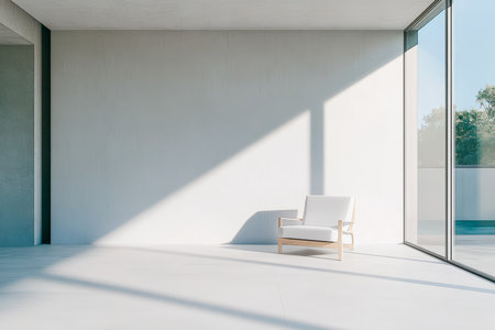 A simple, modern interior features a white chair positioned near expansive windows. Natural light floods the space, creating a bright and airy atmosphere with minimal decor.の素材