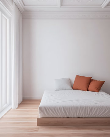 A clean and bright bedroom features a white bed with neutral and orange cushions. Large windows allow natural light to fill the space, enhancing the minimalistic design.の素材