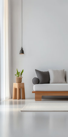 A cozy living room showcases a stylish sofa with cushions, a simple wooden table, and a small plant. Sunlight pours in through large windows, enhancing the serene atmosphere.の素材