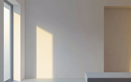 Soft sunlight pours through a large window, casting gentle shadows on a blank wall. The simple design highlights a calm, peaceful atmosphere in the evening.の素材