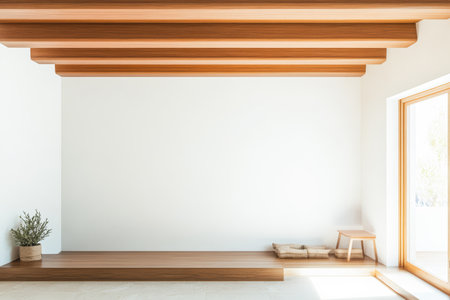 This interior features clean lines, wooden beams, and a bright atmosphere. The natural light fills the space, highlighting the simple wooden seating and planters.の素材