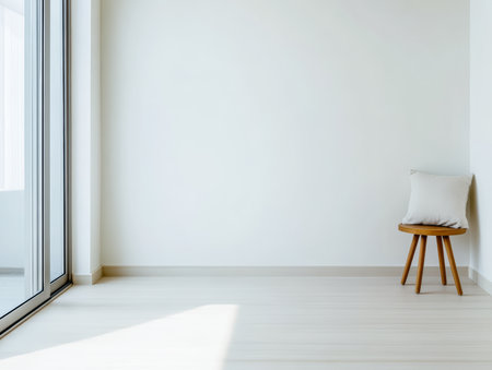 A spacious room features a large glass window letting in gentle natural light. A wooden chair with a soft pillow sits against a clean, white wall, creating an inviting atmosphere.の素材