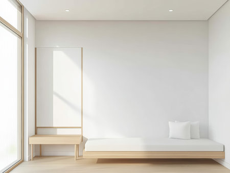A spacious room features simple wooden furniture, including a daybed and a small table, emphasizing natural light and a minimalist aesthetic.の素材