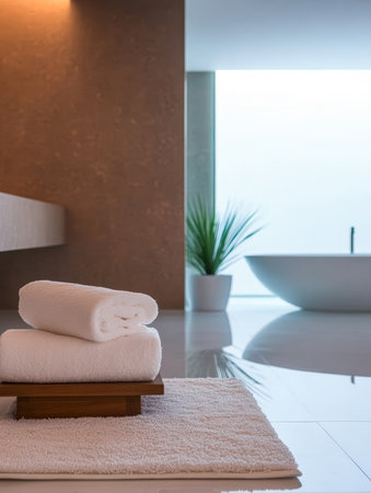 Two white towels are neatly rolled on a wooden stand in a serene bathroom, featuring a modern bathtub and soft natural light streaming in through large windows.の素材