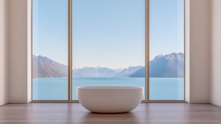 A spacious bathroom features a minimalist design with a white freestanding bathtub. Large windows showcase a breathtaking view of mountains and a tranquil lake under clear blue skies.の素材
