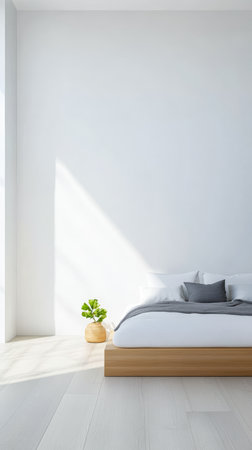 Spacious bedroom showcases a clean design with a low wooden bed, white bedding, and plants. Natural light floods in, creating a calm atmosphere for relaxation and rest.の素材