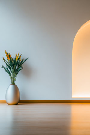 A modern indoor area featuring a sleek vase with fresh yellow flowers. The soft light from an archway adds warmth, creating a welcoming atmosphere in the minimalist space.の素材
