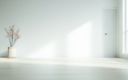 A spacious room features a sleek, white wall, a simple door, and a stylish vase with a plant in the corner. Natural light shines through the window, creating a serene atmosphere.の素材