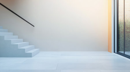 Bright and airy room features sleek white stairs, large windows, and a minimalist design. Soft morning light fills the space, creating a calm atmosphere perfect for relaxation.の素材