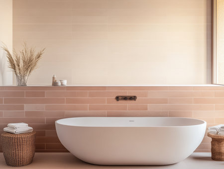 A stylish bathroom showcases a white, oval bathtub with a natural color palette. Neutral-toned tiles and minimalistic decor create a calm and inviting atmosphere.の素材